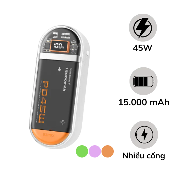 Pin dự phòng sạc nhanh IDMIX 15.000 mAh PD 45W Power Mate P15 Ci Pro