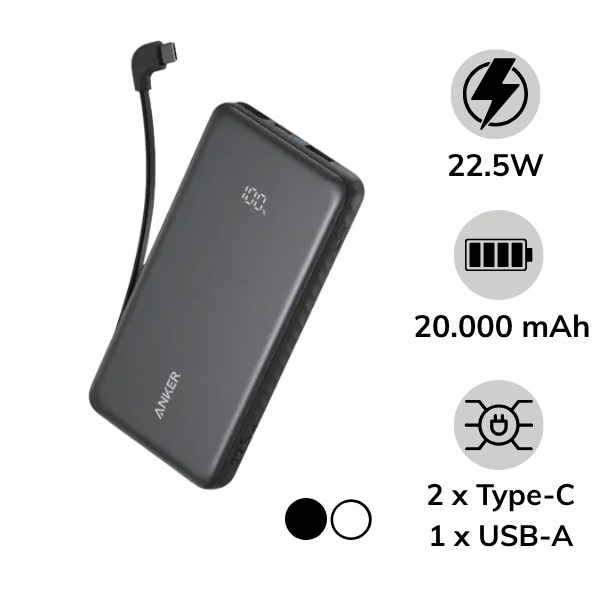 Pin sạc dự phòng Anker 20.000 mAh 22.5W tích hợp cáp Type-C A110E