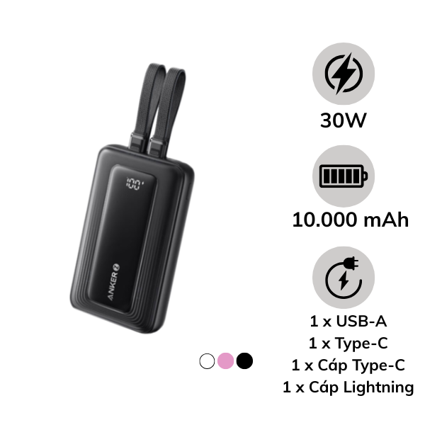 Pin sạc dự phòng Anker Zolo 10.000 mAh 30W tích hợp 2 cáp sạc