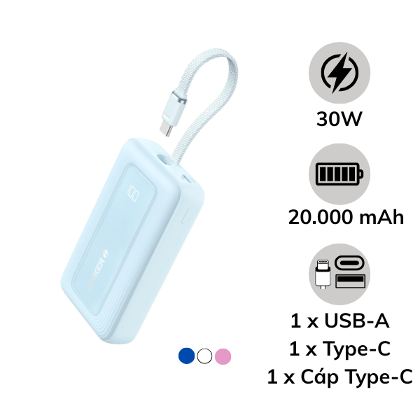 Pin sạc dự phòng Anker Zolo 20.000 mAh 30W tích hợp cáp sạc