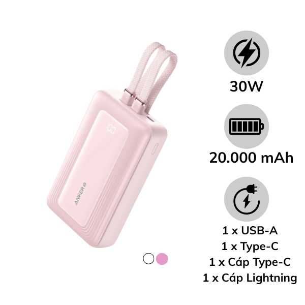 Pin sạc dự phòng Anker Zolo 20.000 mAh 30W tích hợp 2 cáp sạc