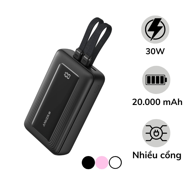 Pin sạc dự phòng Anker Zolo 20.000 mAh 45W tích hợp 2 cáp sạc