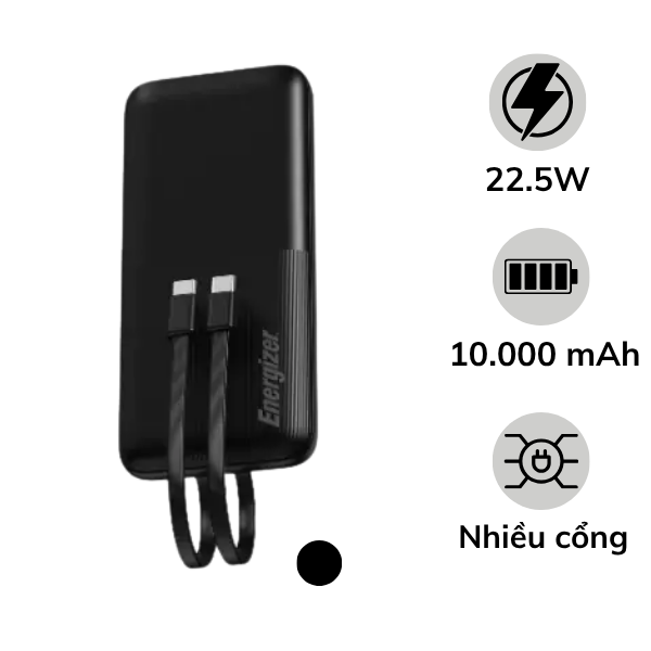 Pin sạc dự phòng Energizer 10.000 mAh 22.5W tích hợp 2 cáp Type-C to Type-C