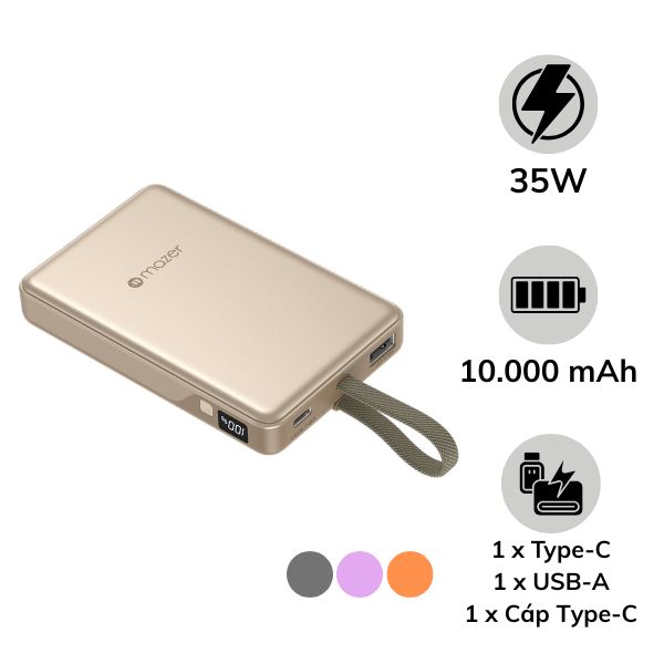 Pin sạc dự phòng Mazer 10.000 mAh 35W PowerCharge LINK tích hợp cáp sạc