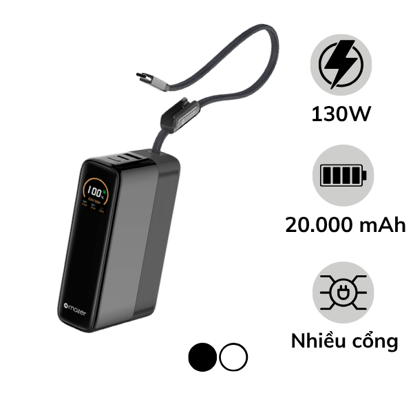Pin sạc dự phòng Mazer 20.000 mAh 130W PowerCharge tích hợp cáp sạc