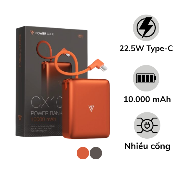 Pin sạc dự phòng Mipow 10.000 mAh 22.5W Aluminum tích hợp cáp sạc