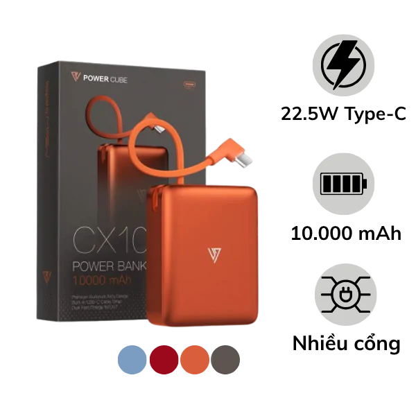 Pin sạc dự phòng Mipow 10.000 mAh 22.5W Aluminum tích hợp cáp sạc
