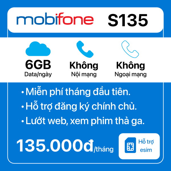 Sim 4G Mobifone S135 6GB ngày - 1 tháng
