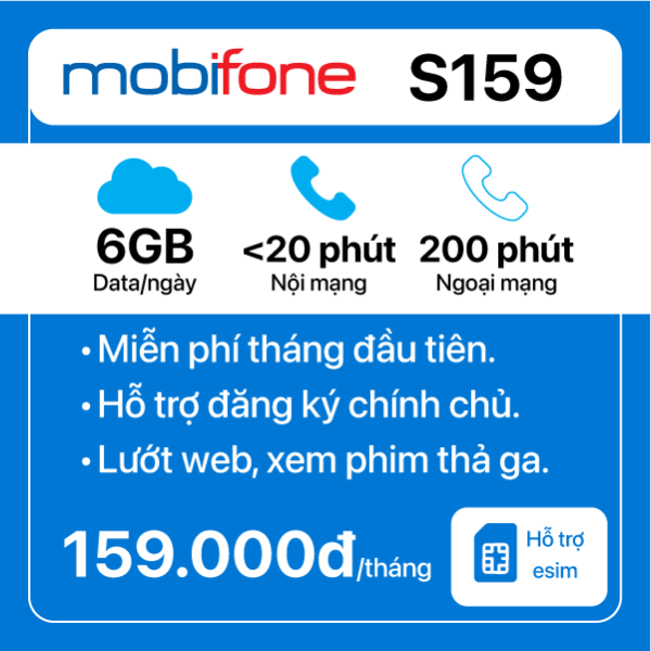 Sim 4G Mobifone S159 6GB ngày có nghe gọi - 1 tháng