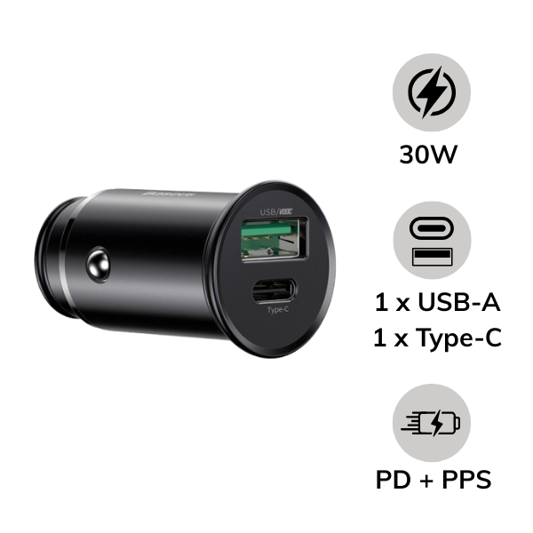 Tẩu sạc Oto 2 cổng Baseus Circular Metal USB-A + Type-C 30W PPS