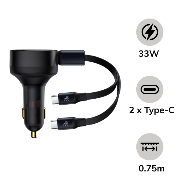 Tẩu sạc Oto 2 cổng Baseus Enjoyment Retractable kèm dây Type-C 33W