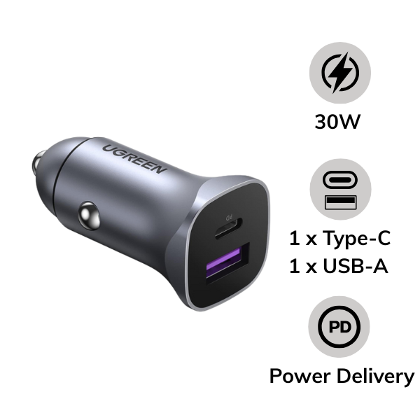 Tẩu sạc Oto 2 cổng Ugreen 30W PD QC 3.0